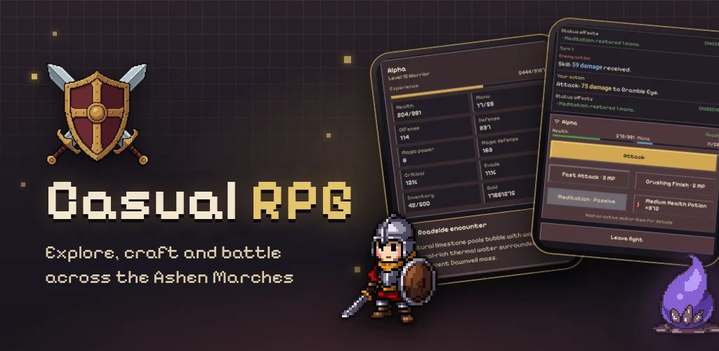 Casual RPG key art: a pixel warrior beside the stats and battle screens