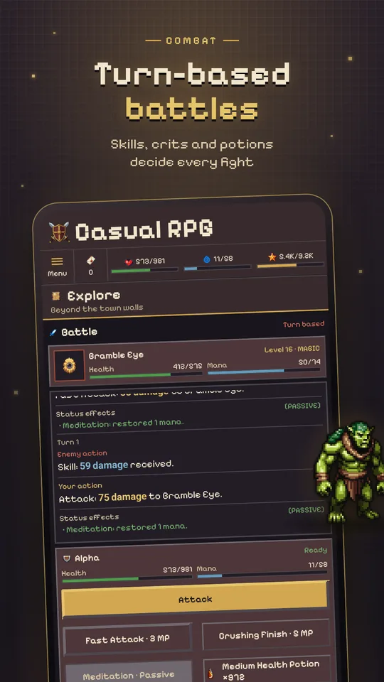 Turn-based battle against a Bramble Eye