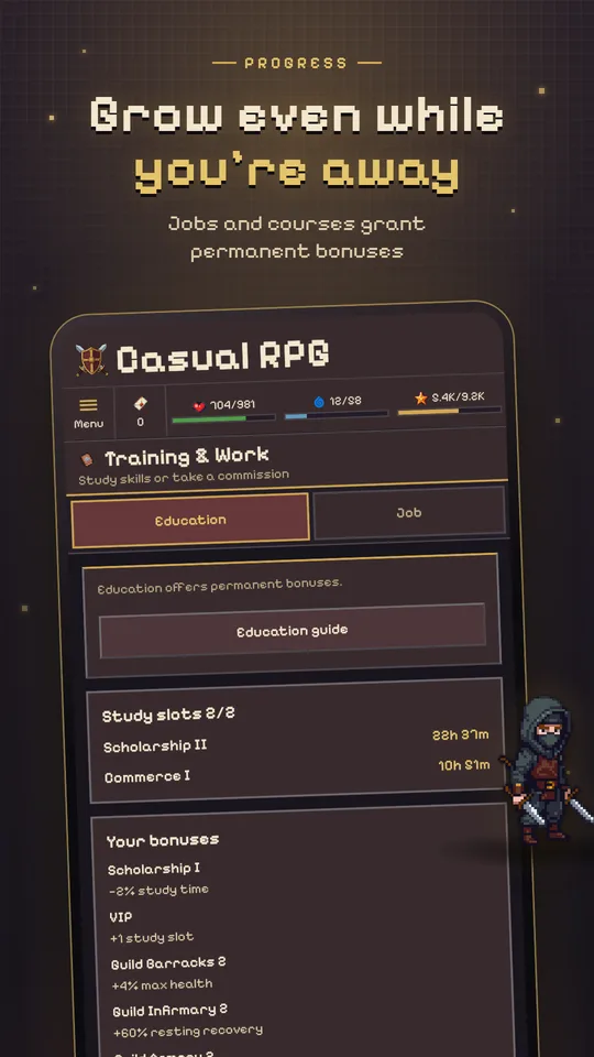 Training and work screen with study slots and bonuses