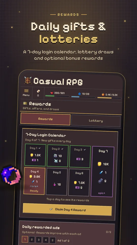 Seven-day login calendar and lottery rewards